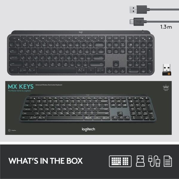 Logitech MX Keys Advanced Wireless Illuminated Keyboard, Tactile Responsive Typing, Backlighting, Bluetooth, USB-C, Apple macOS, Microsoft Windows, Linux, iOS, Android, Metal Build - Graphite - Image 3