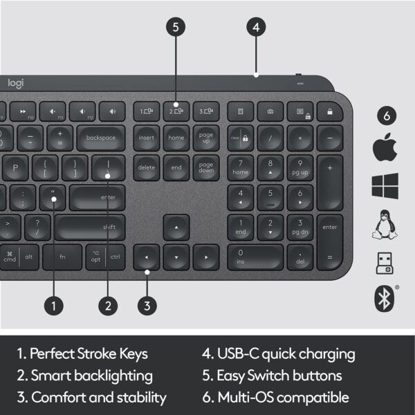 Logitech MX Keys Advanced Wireless Illuminated Keyboard, Tactile Responsive Typing, Backlighting, Bluetooth, USB-C, Apple macOS, Microsoft Windows, Linux, iOS, Android, Metal Build - Graphite - Image 2